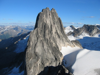 Snowpatch Spire as seen from our descent of the neighbouring Bugaboo Spire. Bugaboo Provincial Park, BC, Canada.