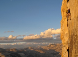 Pavel crossing Thank God Ledge on Half Dome's RNWF route, while the sun is setting. This climb had always been on my 