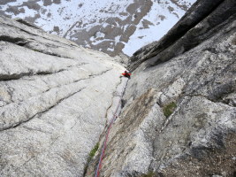 A few pitches up the spectacular corner on a route called Goldfinger, Ruth Gorge