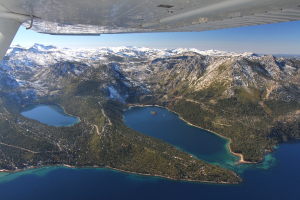 Emerald Bay and Cascade Lake (left) from the air, while flying over Lake Tahoe