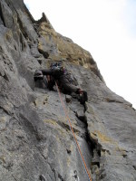 Starting up the crux pitch of Macadamia