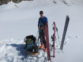 Getting gear set-up, and roped up for the glacier travel