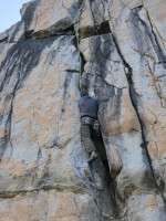 James on some 5.10, one of the better lines at the crag