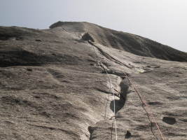 Past the thin hand crack on Lunatic Fringe, by far the crux for me, quite hard!
