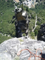 Looking down from the pitch 4 belay ledge. Yosemite village is so close, yet so far away!