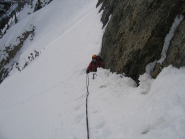 mini-bergshrund at the base of the final (7th) pitch
