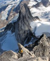 Me starting the first rappel down the Kain Route, Bugaboo Spire. Photo by Dow Williams