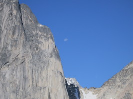 The moon rising with Snowpatch Spire to the left (where we were about to go climbing)