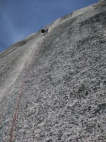 From here, the climb traverses to the right on another perfect crack - and continues up to the top. 5.10+ sustained