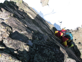 karen negotiating a rock step on the ridge