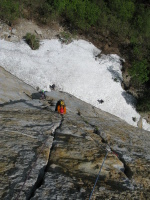 Overview of the second pitch with Karen climbing