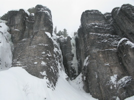 Choppo's Chimney (left) and unknown hard climb