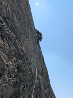 Karen at the last (crux) pitch, pulling on tiny holds