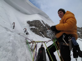 Jason and the big cornice we climbed through (crux of the day!)