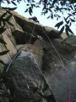 Higher up, there are some hard moves to gain the bolt/optional belay