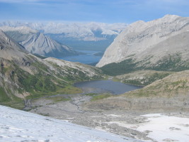 Nice view: Aster, Hidden, Upper Kananaskis lakes from the glacier