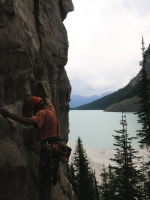 Starting up Wicked Gravity, 5.11a, at Lake Louise