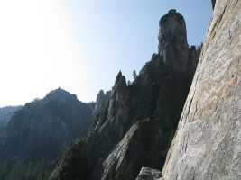 The skyline shows the original route (5.10c or 5.9 A0)