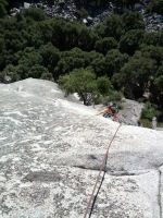 Coming up the 5.10d crux (hard to see)