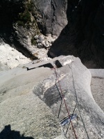 Looking down at the end of pitch 4 (some interesting 5.10 face climbing after the stellar liebacking)