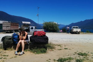 Waiting for the bus in Cochamo. Of course, he was 30 mins late..