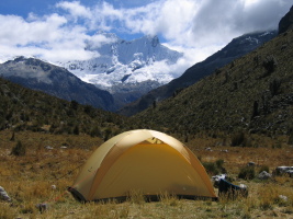 My tent in base camp, with Chacraraju in the background