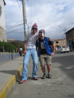 me and chester enjoying our just-bought hats