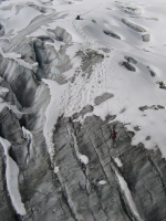 a pitch of steep ice to get onto the glacier (scoping it out the day before)