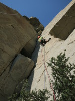 The crux is a thin finger crack/traverse left