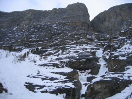 An overview of the approach to the climb, this ice is most often bypassed on the snowslopes on the left.