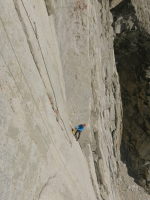 Luke belaying on Tradewinds. This pitch has bolt-protected 5.11d liebacking which looks really hard... nice send, Adam!