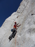 The crux is pulling left onto the arete