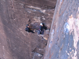 Looking down at the 3rd belay from the top of the 4th pitch on Dark Shadows