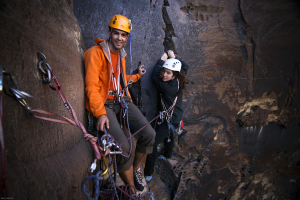 Beautiful photo Meder took of us at the third pitch belay ledge.