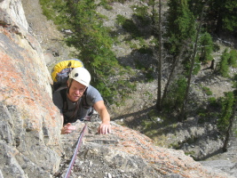 Dow coming up to the belay ledge