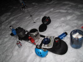 Cooking setup on top of Marius' snowboard.