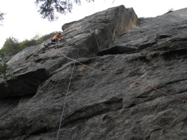 On the 5.10b next to Babble On (crux at the very start)