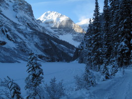 Hiking along the lake to reach Louise Falls