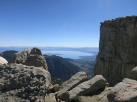 The top of the Third Pillar of Dana on the right, with Mono Lake in the background - 4,000' drop in only a few miles!
