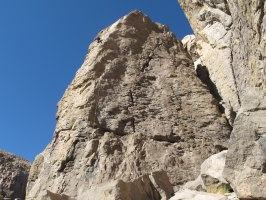 The crux is actually at the very top, a couple of thin slab moves