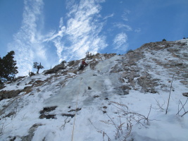 Higher on, turned to rock climbing (ice on the right was completely detached)