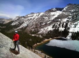 Puffy belay (it was windy!) - Cathedral Peak in the background