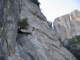 the second pitch (left) with Upper Yosemite falls visible. spectacular belay spot!