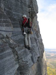 A typical traverse pitch on Red Shirt, Yamnuska (5.8+). Bow Valley, Canada.