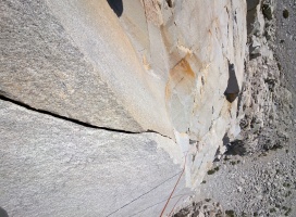 Looking down The Prow, 5.12b finger crack - WOW!