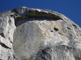 A close up of the OZ corner / Gram Traverse, with two climbers on the last pitch!