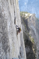 Pavel up the 5.9 double cracks leading to Big Sandy