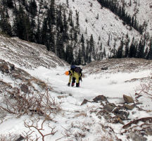 Downclimbing some snow & ice before the rappel, photo by Dow