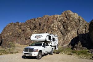 George enjoying our late night stop in Sawtooth Canyon, just south of Barstow (actually a climbing area!)
