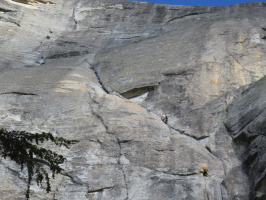 The third (crux) pitch, with the whole upper part of the route visible